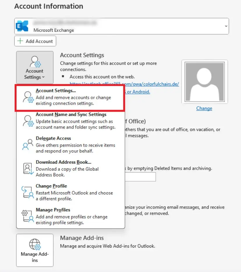 Image: Outlook desktop app: Account information in the File tab