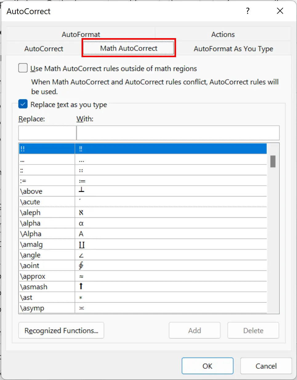 Image: Outlook Math AutoCorrect