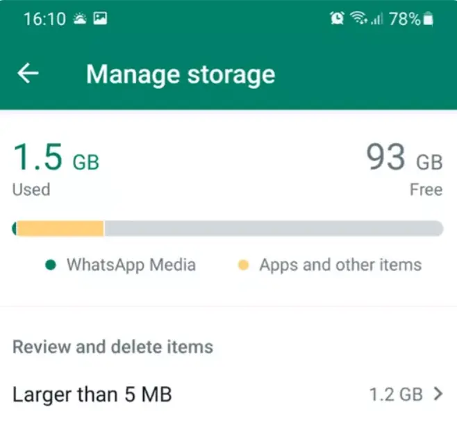 Screenshot of the “Manage storage” section on WhatsApp Image: Screenshot of the “Manage storage” section on WhatsApp