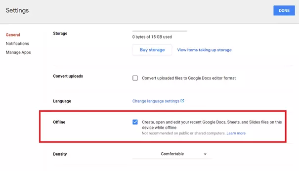 Activate Google Drive: “Offline” function