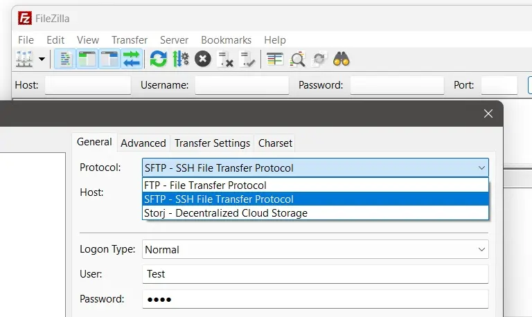 Image: Select SFTP in the FileZilla Server Manager