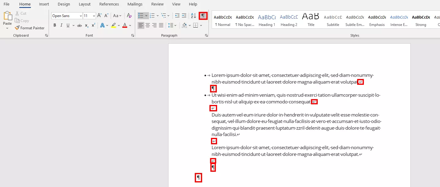 Image: Word line break: paragraph formatting characters