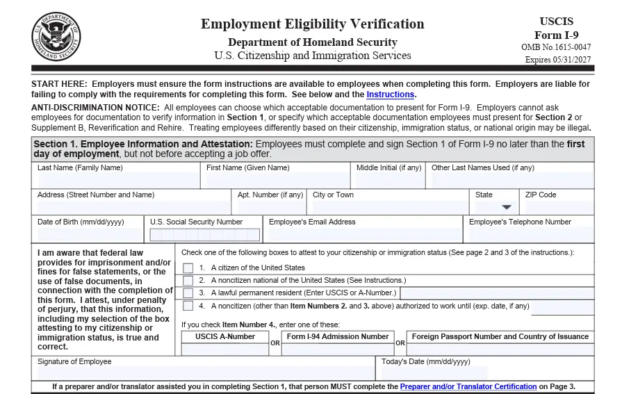 The first part of Form I-9 for verifying employment eligibility Image: The first part of Form I-9 for verifying employment eligibility
