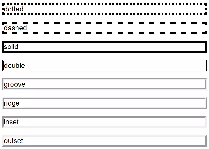 The CSS border styles: dotted, dashed, solid, double, groove, ridge, inset, and outset