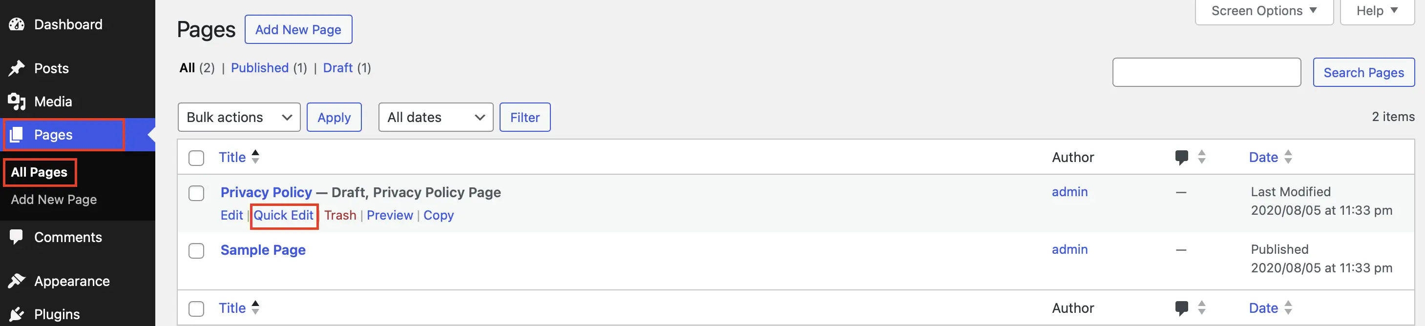 “All Pages” screen in the WordPress backend with the “Quick Edit” button outlined in red Image: “All Pages” screen in the WordPress backend with the “Quick Edit” button outlined in red