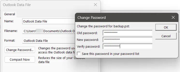 Outlook Data File menu: Change Password Image: Outlook Data File menu: Change Password