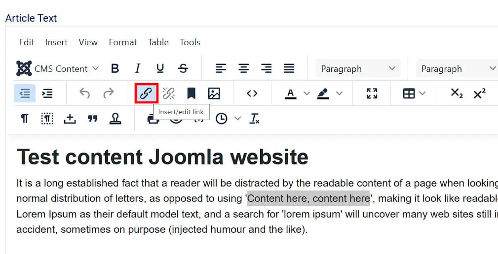 Joomla: Option “Insert/edit link” Image: Joomla: Option “Insert/edit link”