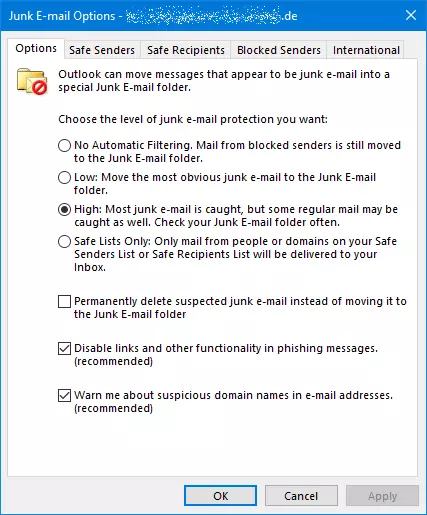 Junk email options in Outlook