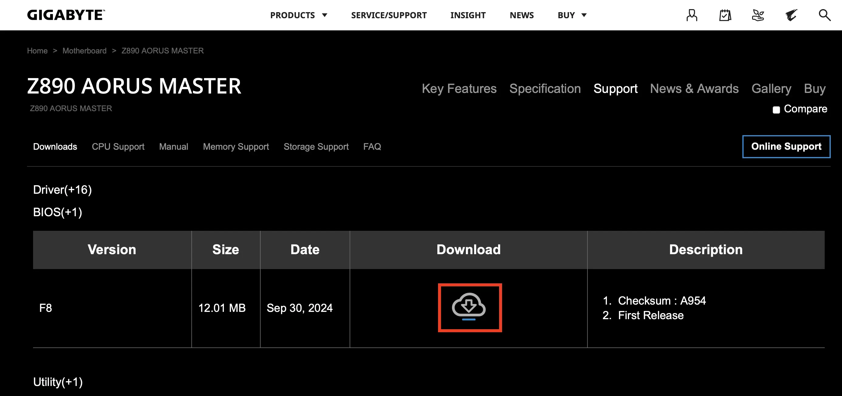 Download the most recent BIOS version on the Gigabyte website Image: Download the most recent BIOS version on the Gigabyte website