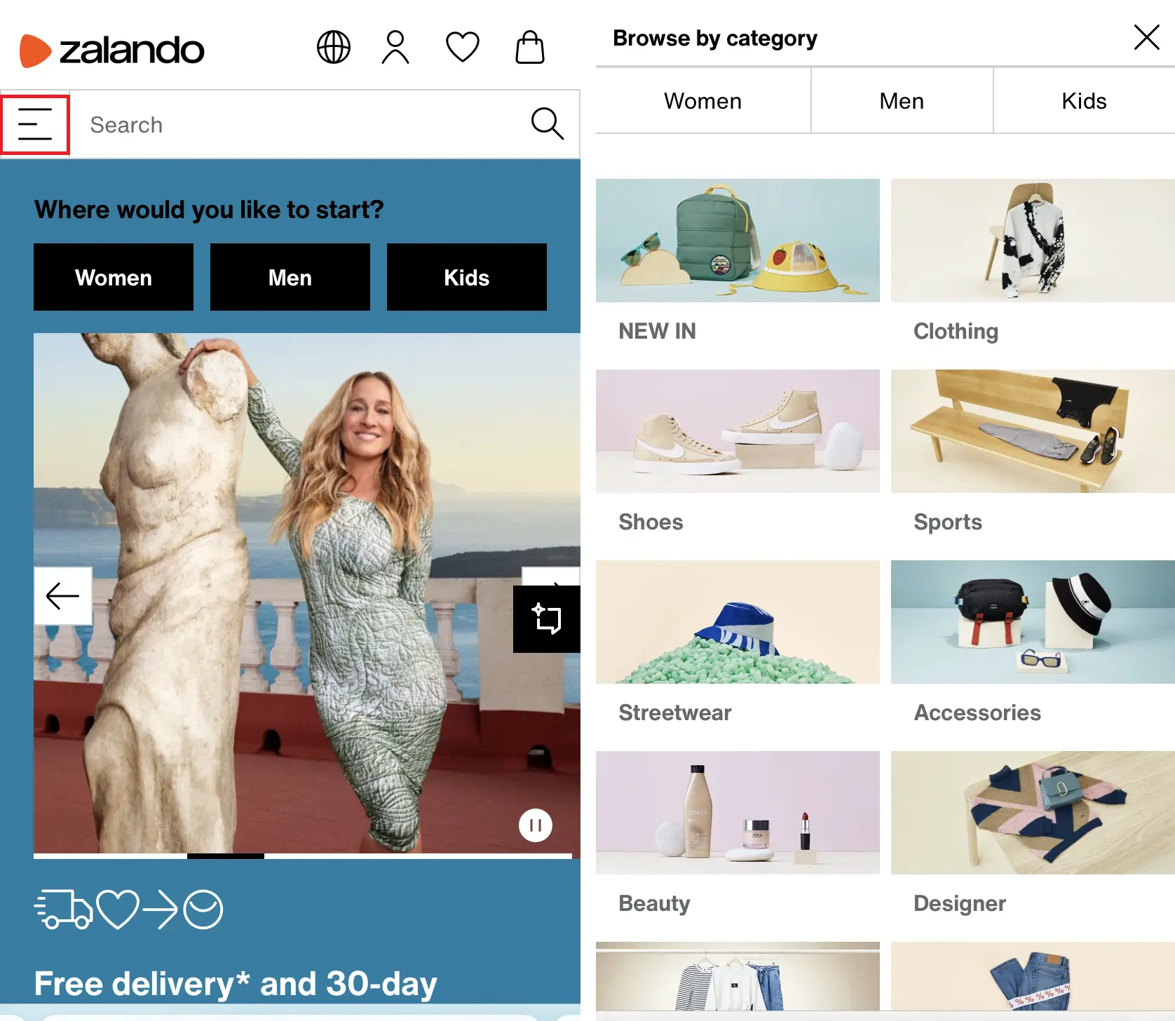 Image: Grid navigation in the Zalando shop