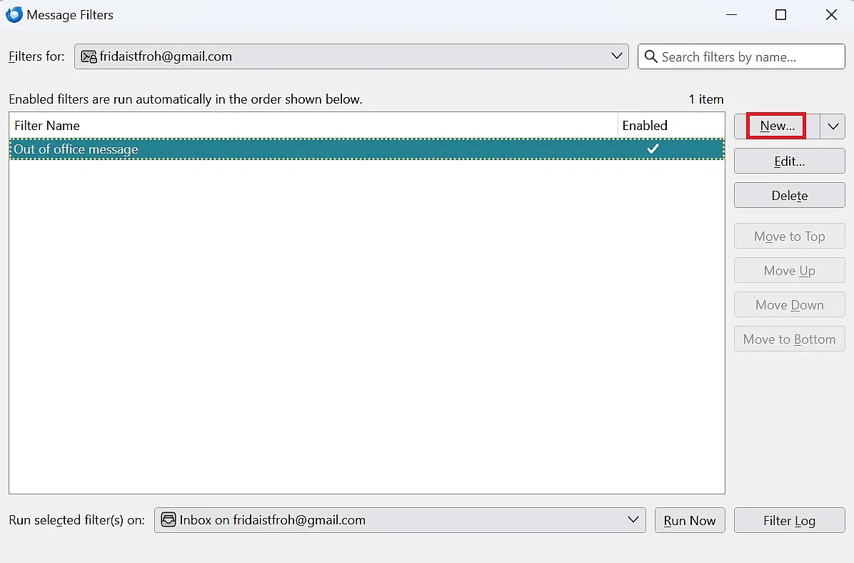 Image: Set up Thunderbird out-of-office: Configure a new filter