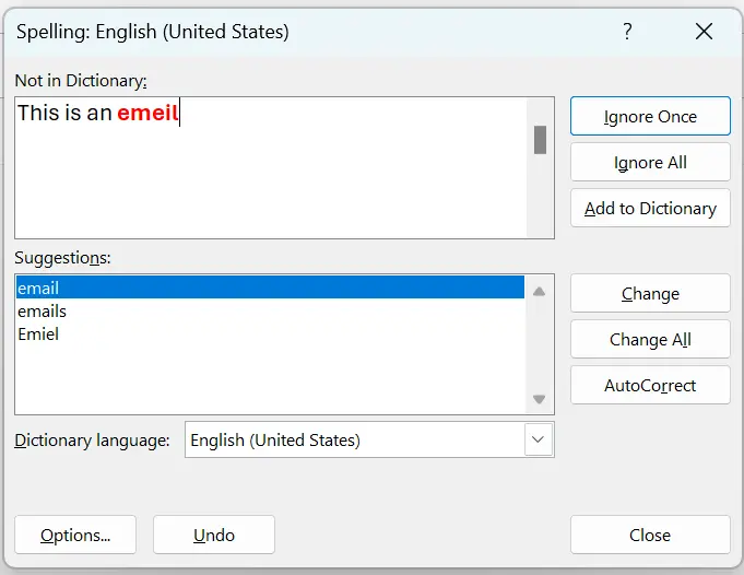 Image: Notification from the automatic spell checker in Outlook