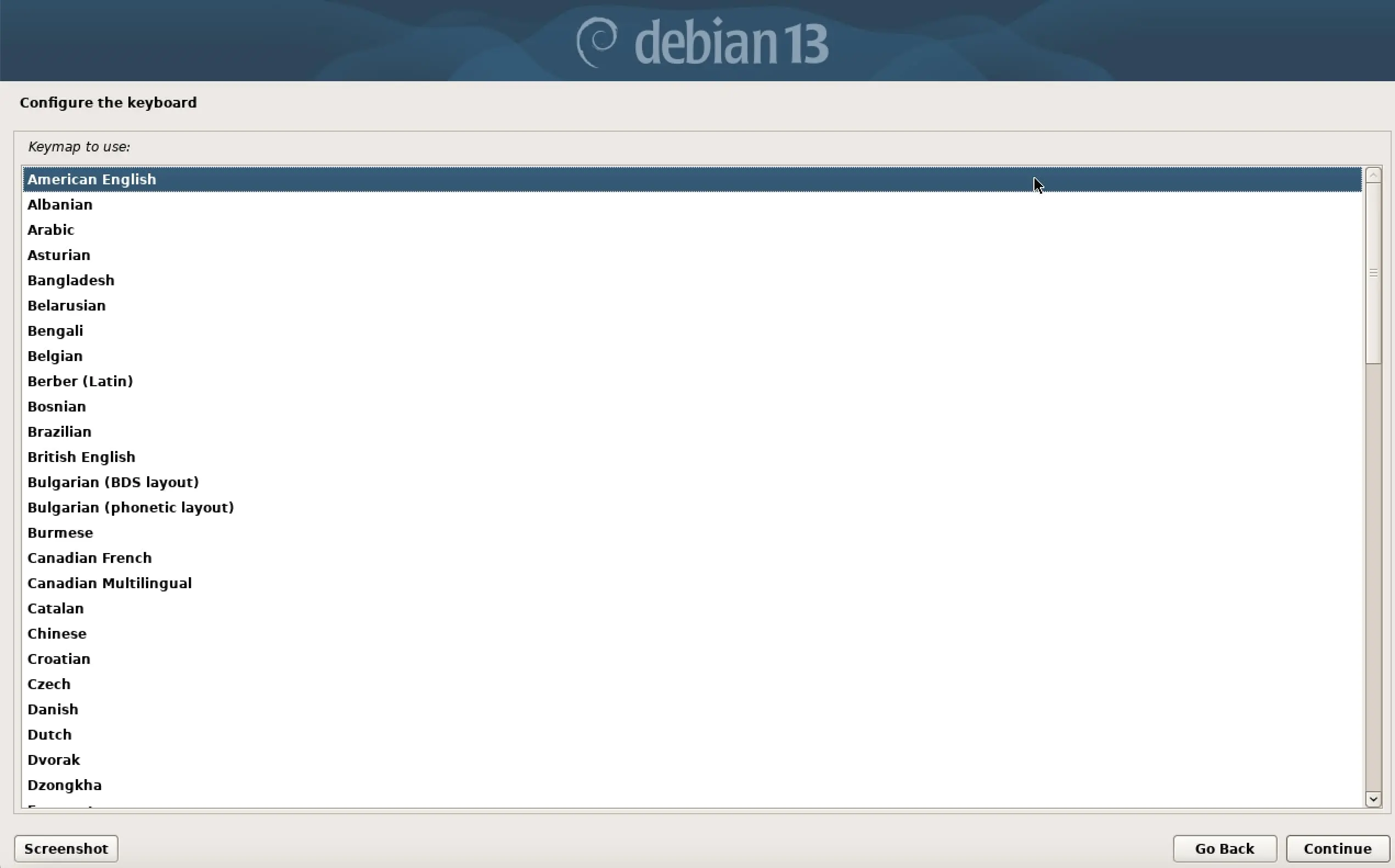 Screenshot of Debian 13 installation: Choose Keyboard Layout Image: Screenshot of Debian 13 installation: Choose Keyboard Layout