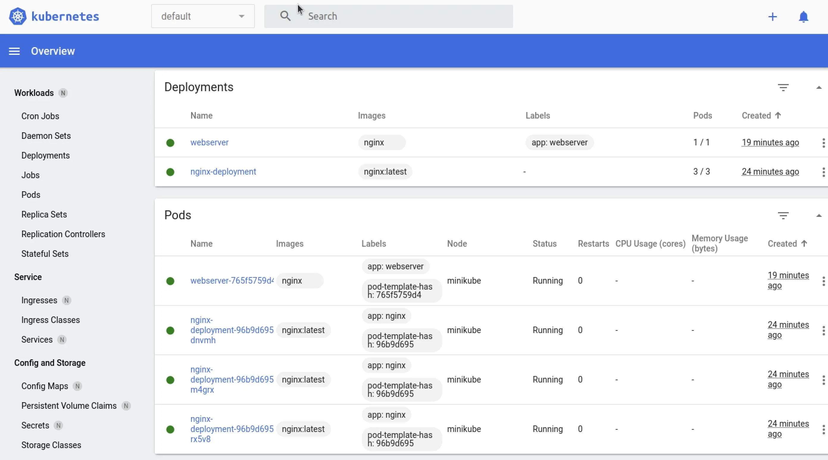 Image: Kubernetes dashboard with a deployment and three pods