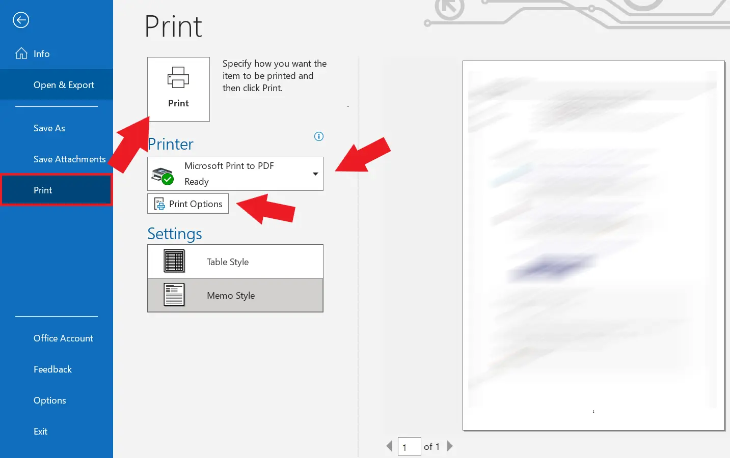 Print window with the rectangular print field on the left side of the window. The email to be printed is displayed on the right Image: Print window with the rectangular print field on the left side of the window. The email to be printed is displayed on the right