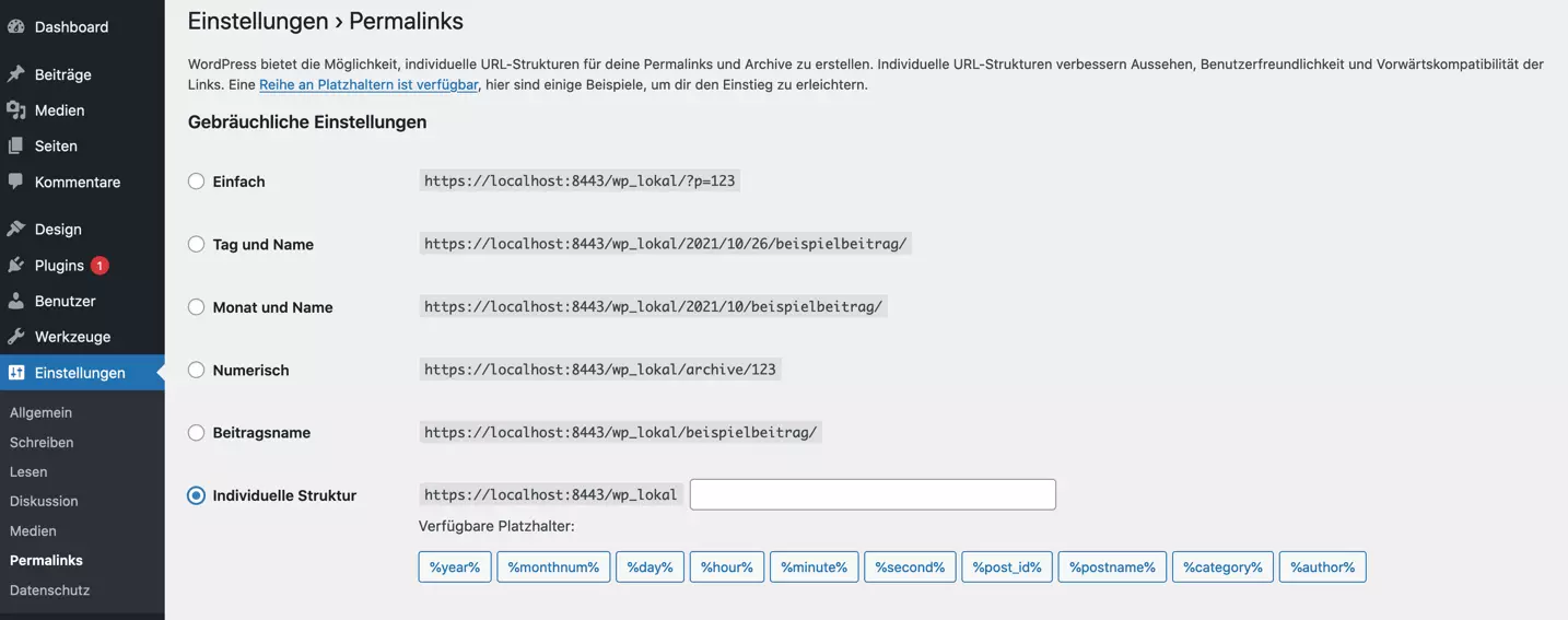 Image: Permalink settings in the WordPress dashboard