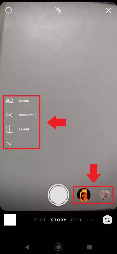 Image: Screenshot showing where to find filters and additional features in Instagram