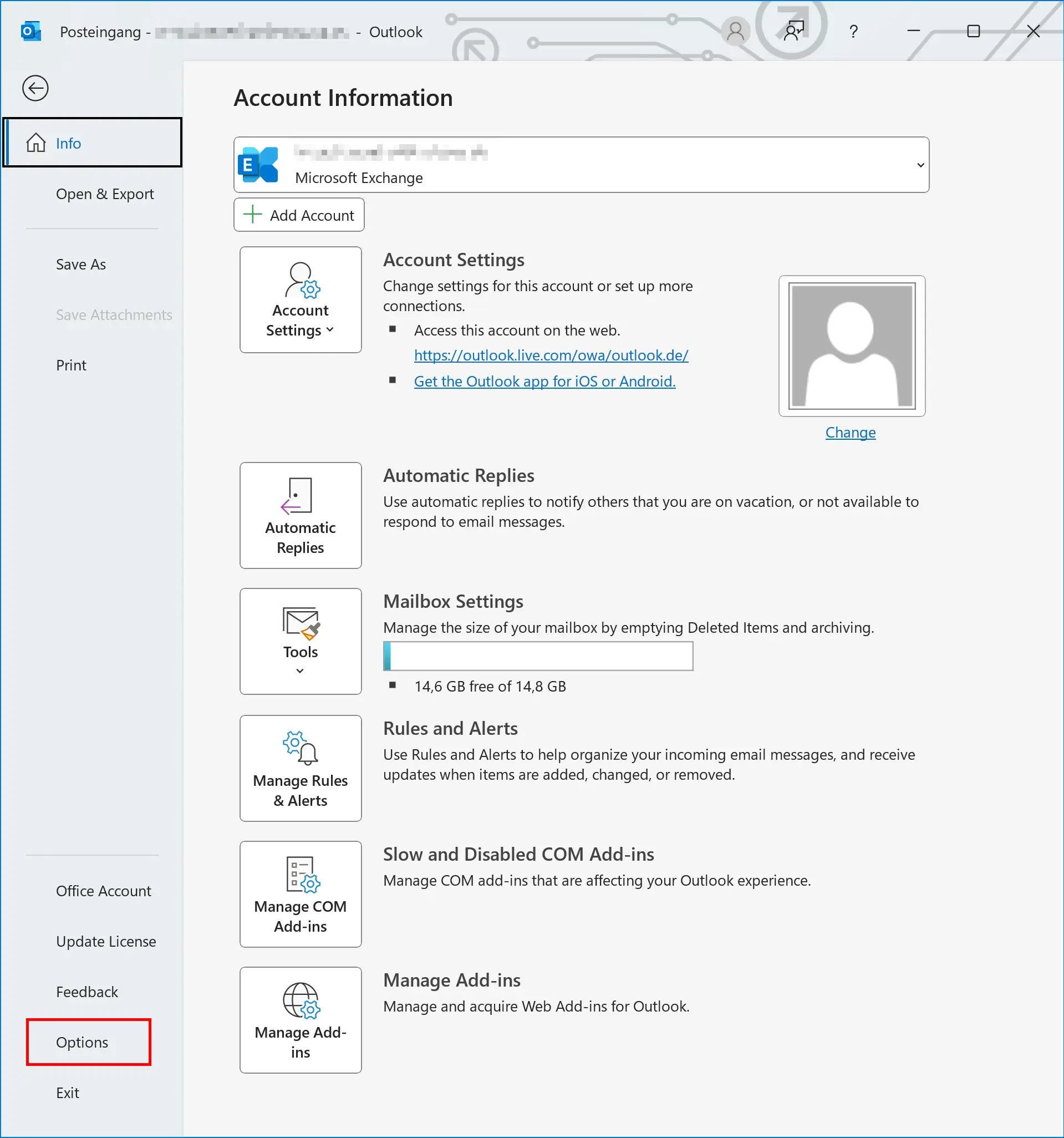 Image: Outlook options in the File tab