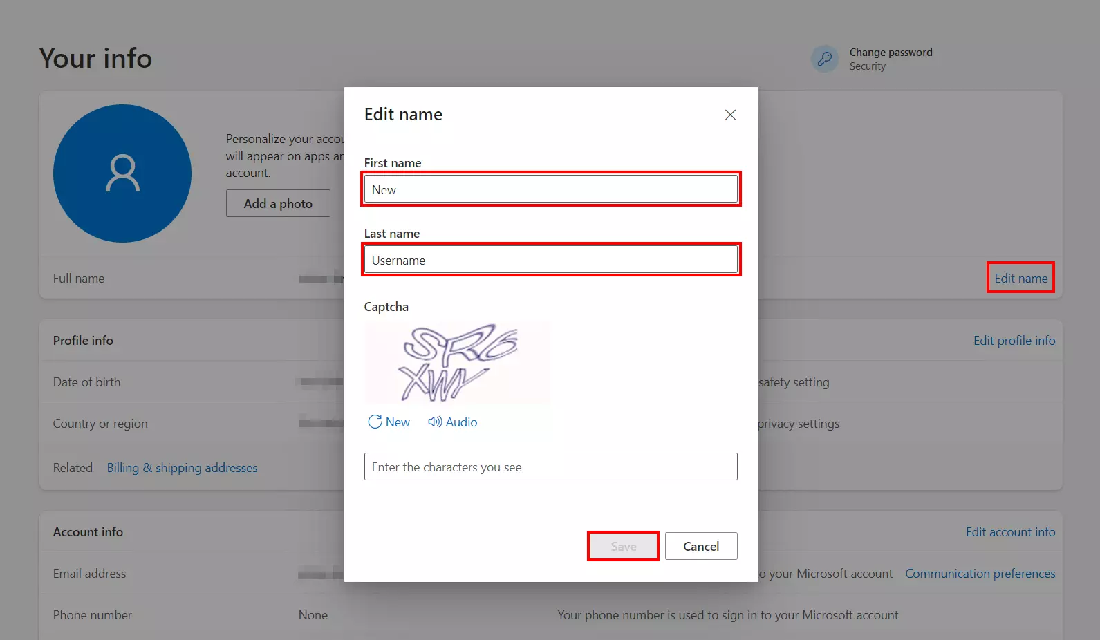 Image: Microsoft account: edit name