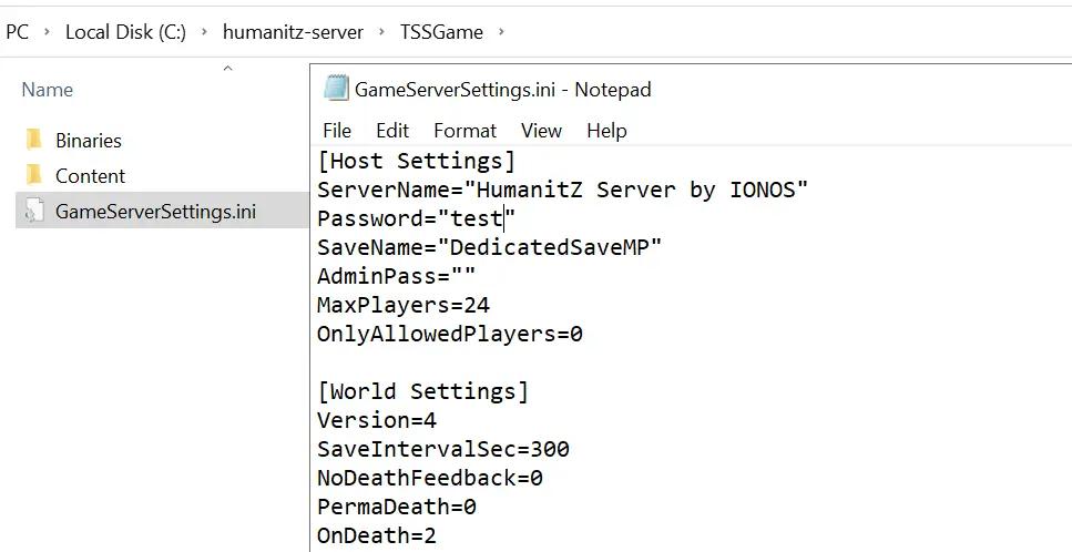 Configuration file of the HumanitZ server Image: Configuration file of the HumanitZ server