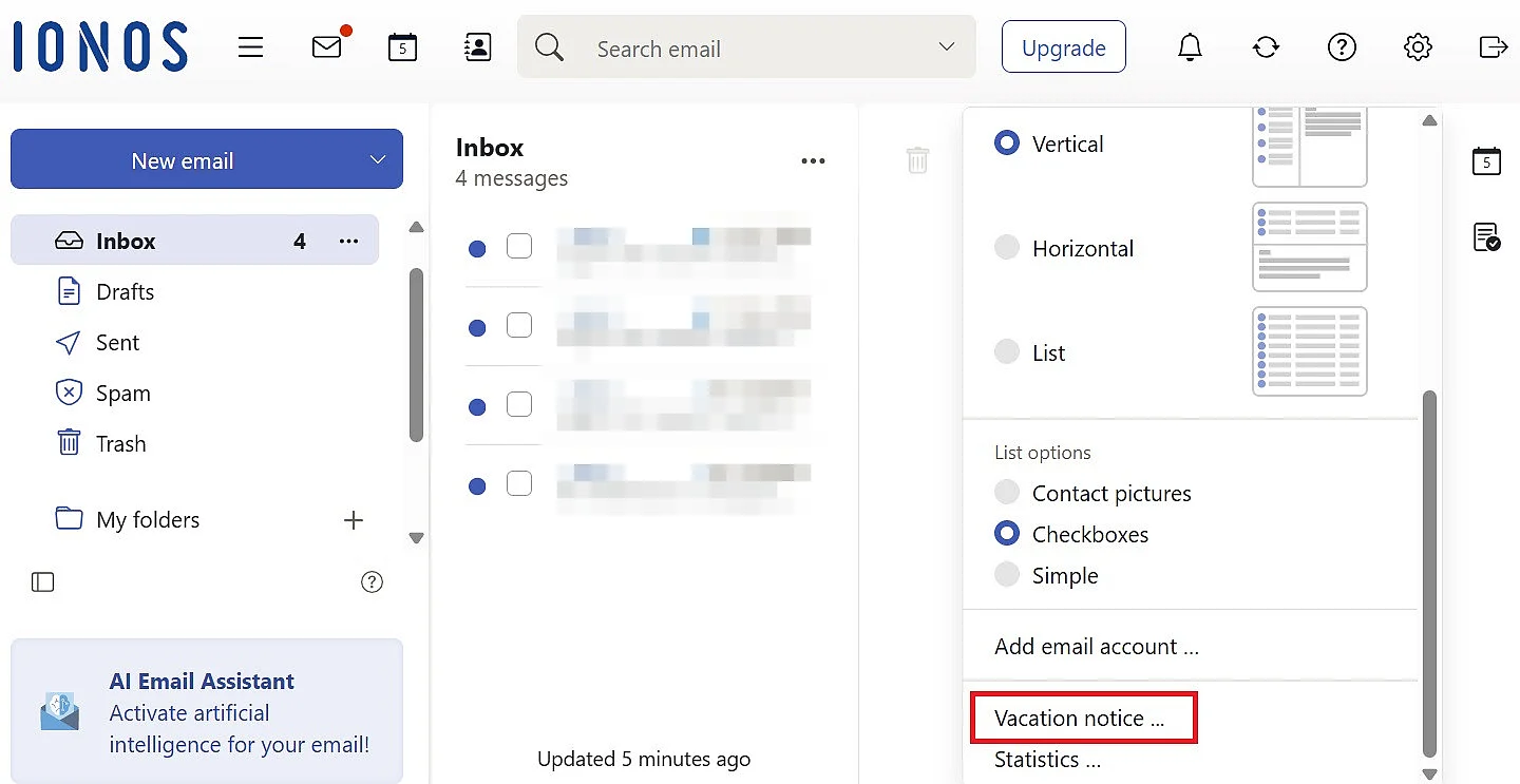 Image: Configure IONOS out-of-office notice