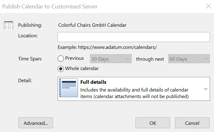 Image: Outlook dialog window: “Publish Calendar to Customised Server”