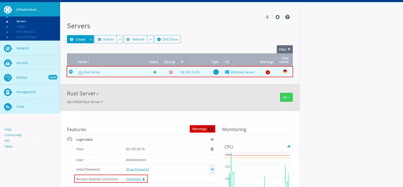 IONOS Cloud Panel: Rust server access data and information