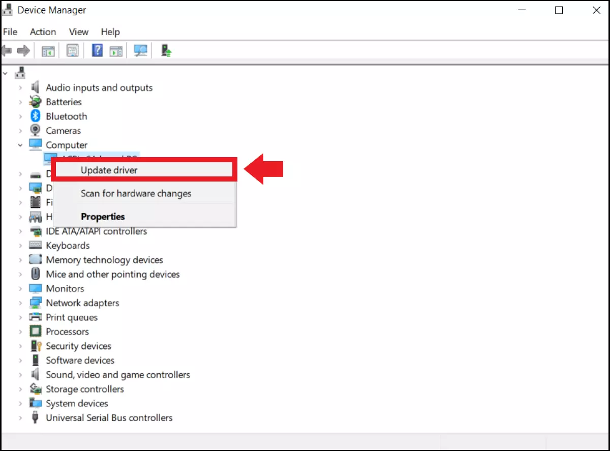 Image: The Device Manager with the option to update drivers.