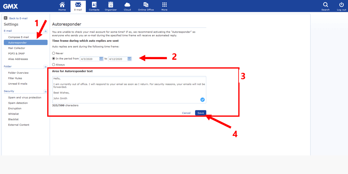 GMX out-of-office autoresponder is easy to set up