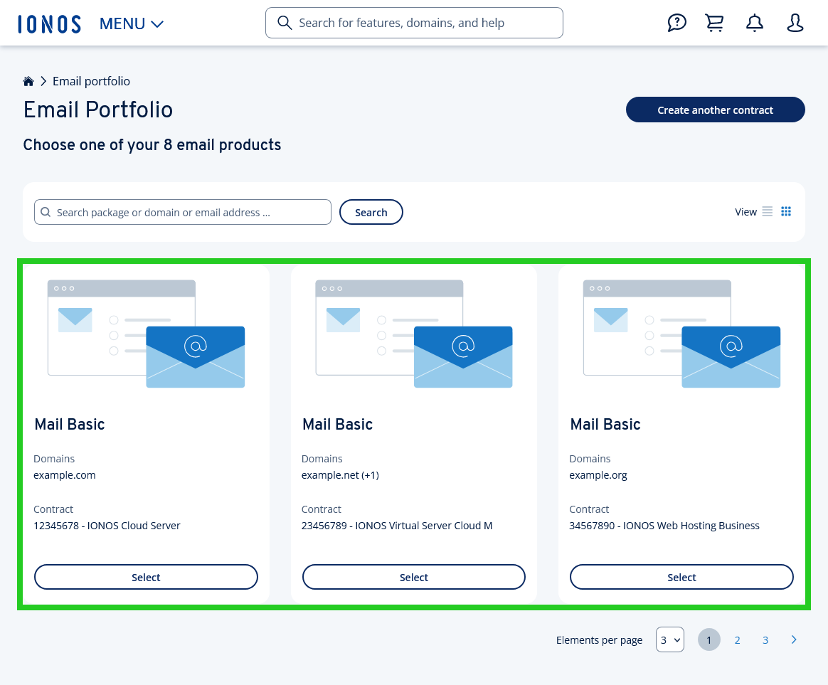 The Email page of the IONOS account with some example email contracts highlighted.