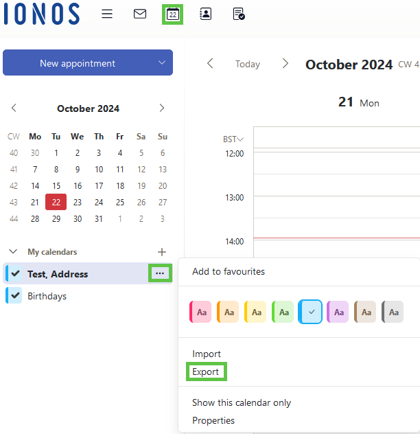 IONOS Webmail with the Export option highlighted in the context menu.
