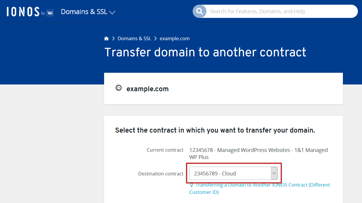 Transferring a Domain to Another IONOS Contract (Same