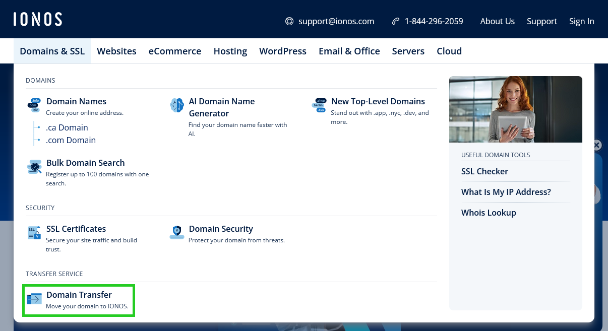 The IONOS website with the Domain Transfer option highlighted within the Domains & SSL menu.