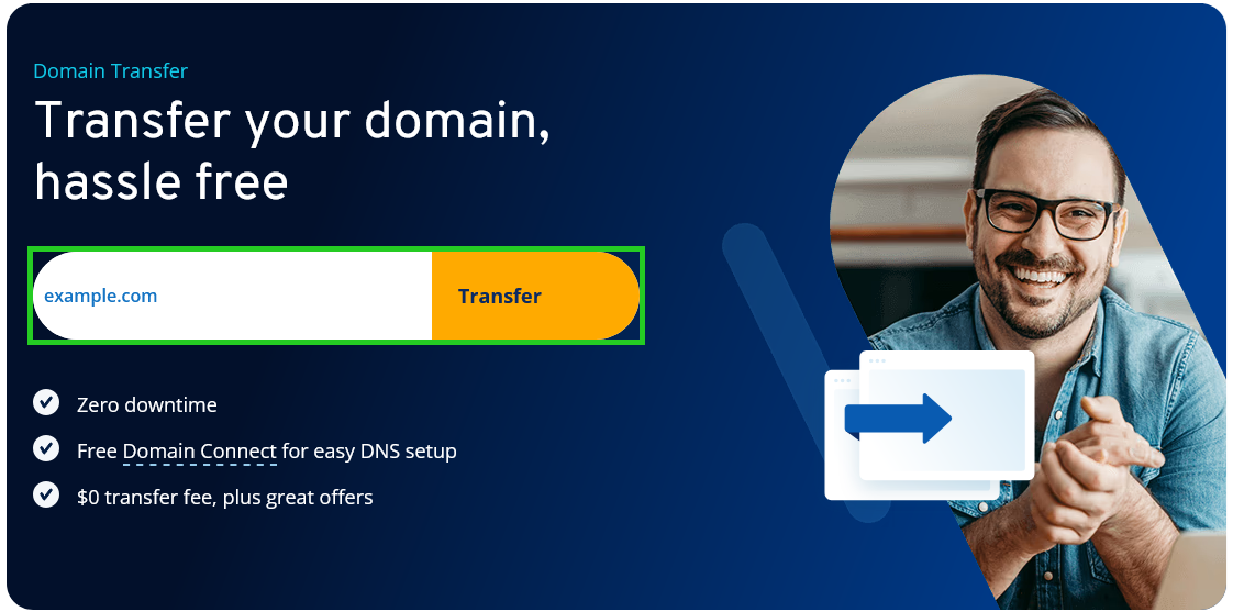 The IONOS domain transfer search page, for looking up domains to potentially transfer.