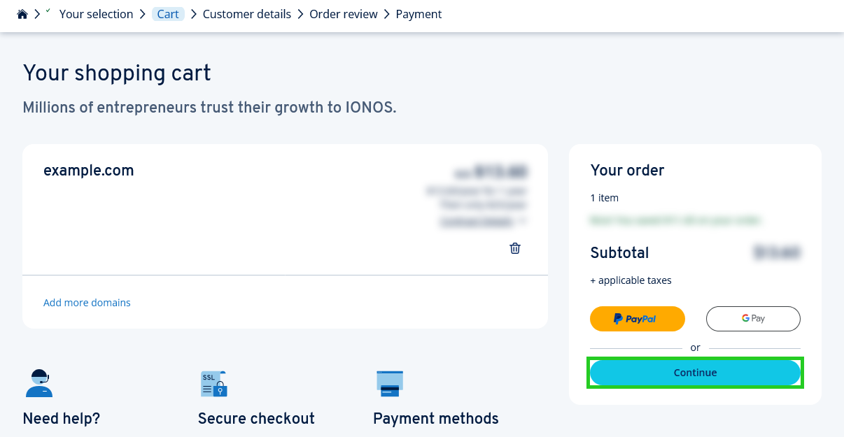The shopping cart overview with the Continue button highlighted.