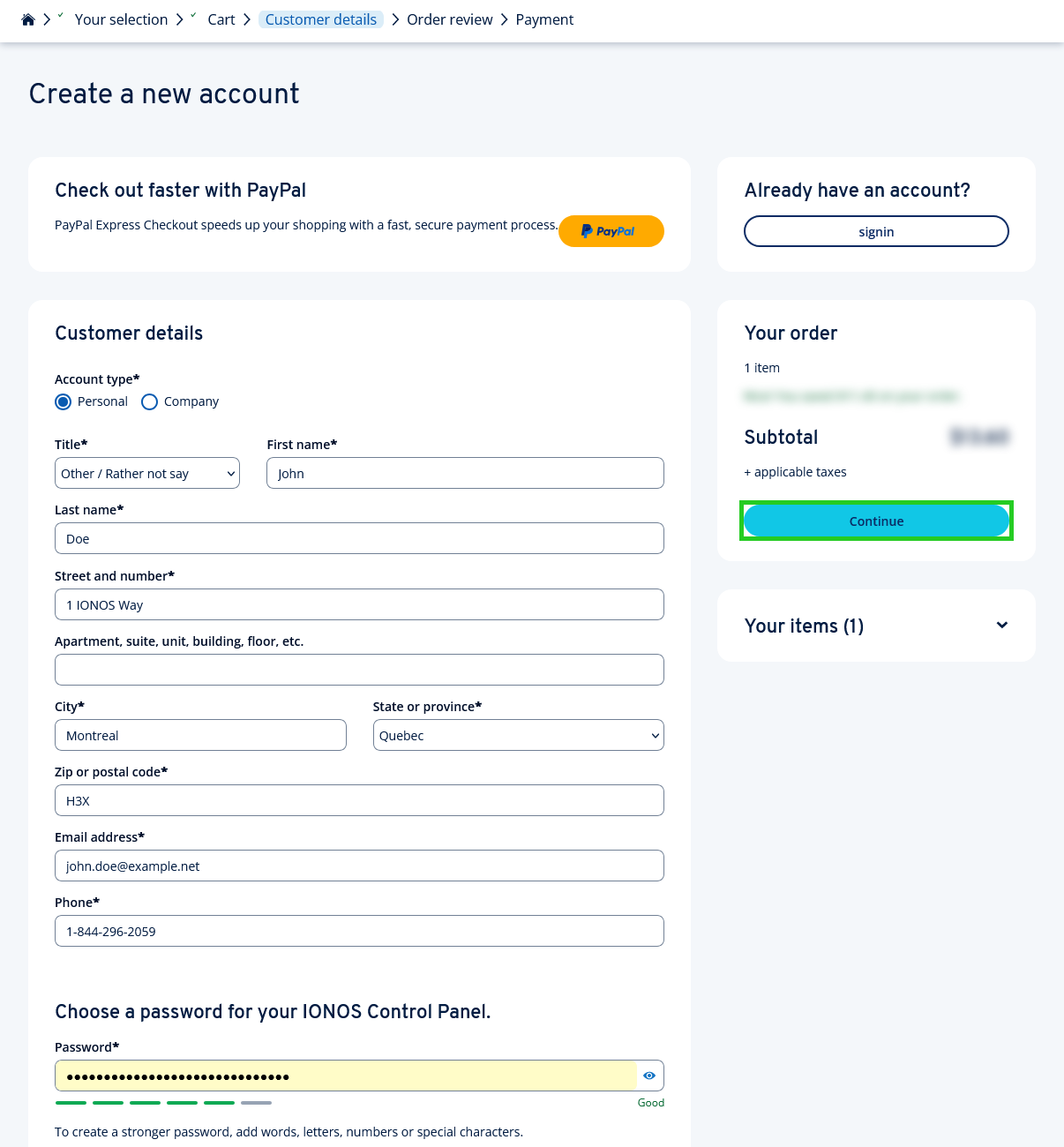 The create a new IONOS account page with the Continue button highlighted.