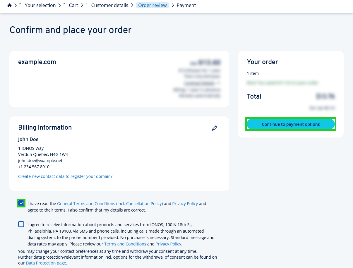 The order confirmation page with the Continue to payment options button highlighted.
