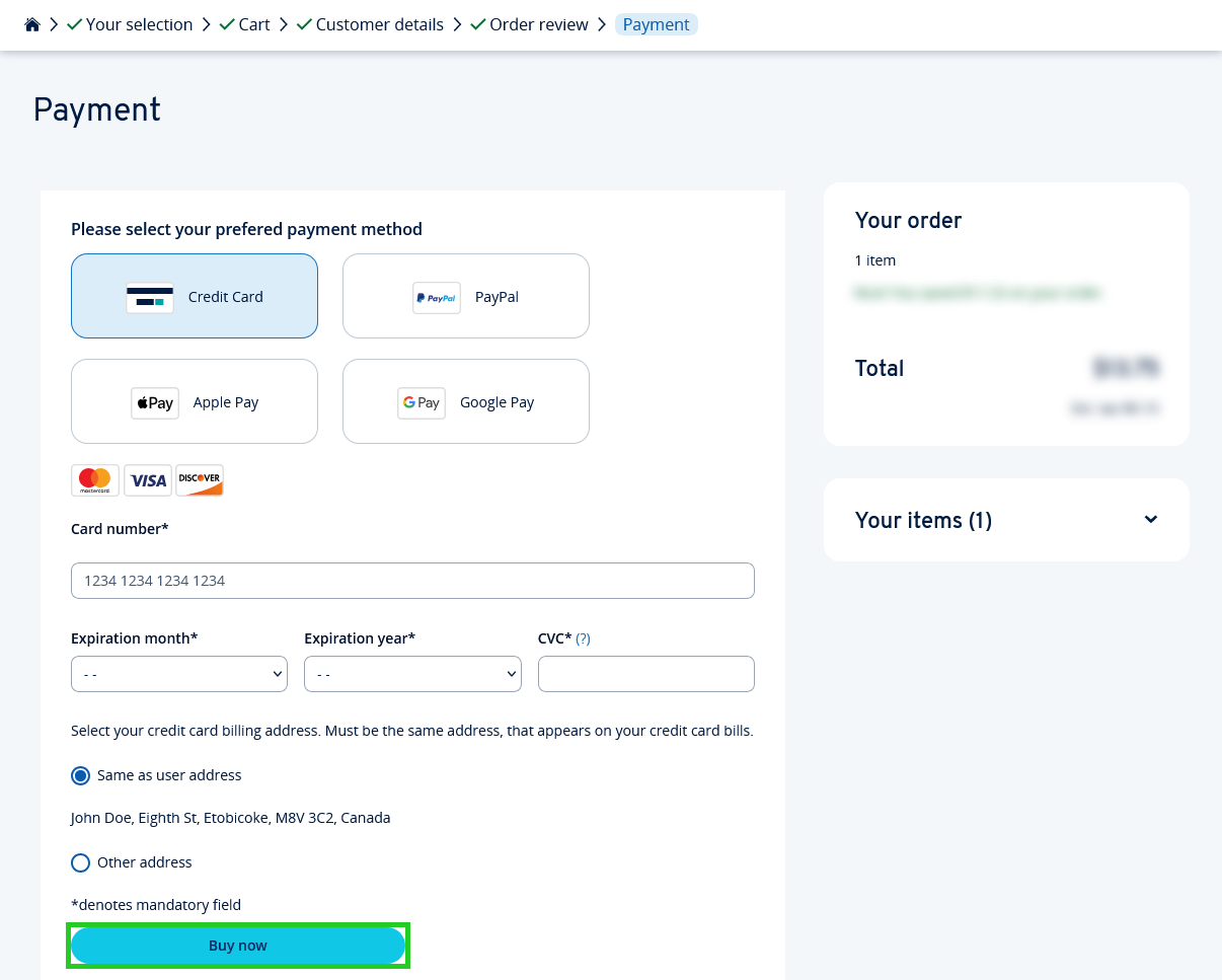 The payment options page with the Buy now button highlighted.