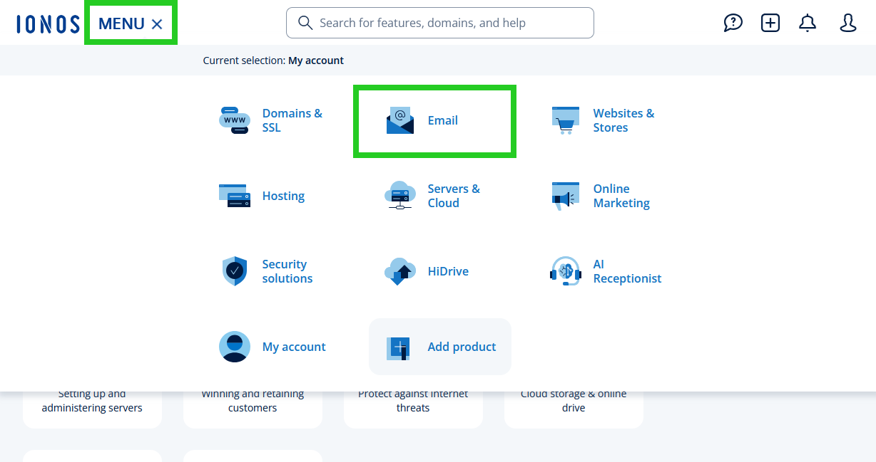 The IONOS menu with the Email tile highlighted.