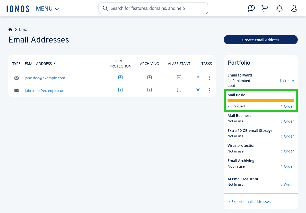 The Mail Basic section is highlighted in the Portfolio tile on the Email Addresses page.
