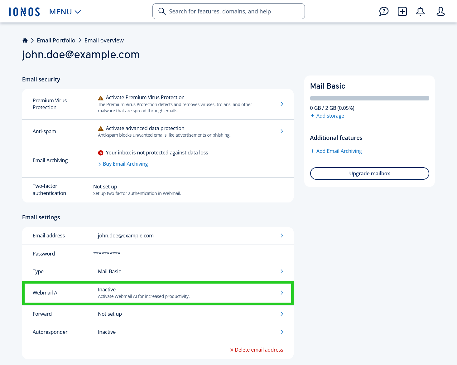 The Webmail AI option is highlighted in the Email settings section.