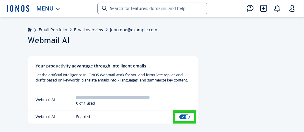 The switch to enable Webmail AI is highlighted.