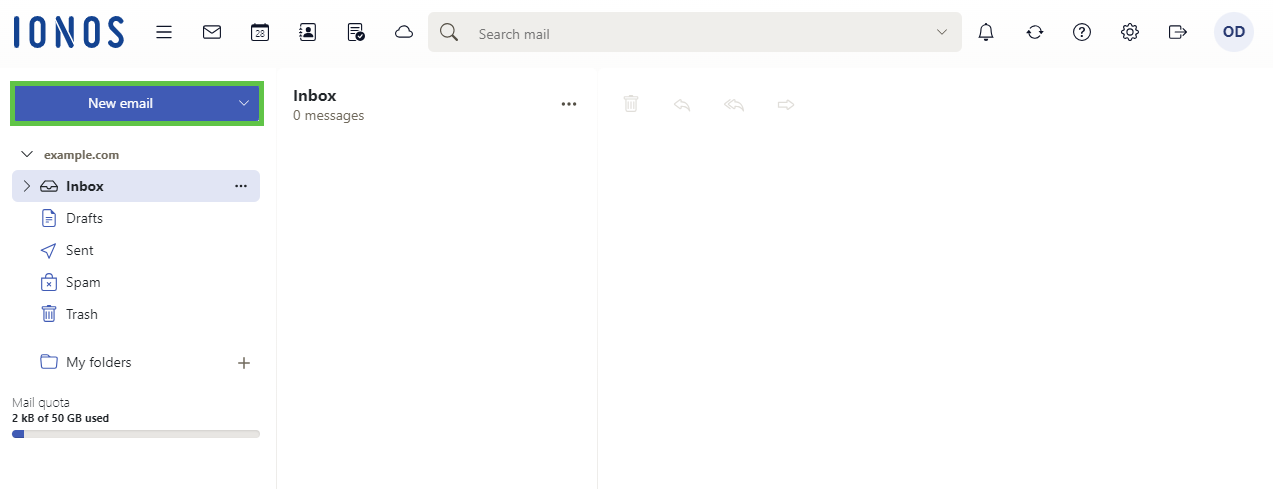 Screenshot: New email button highlighted in the Email pane.