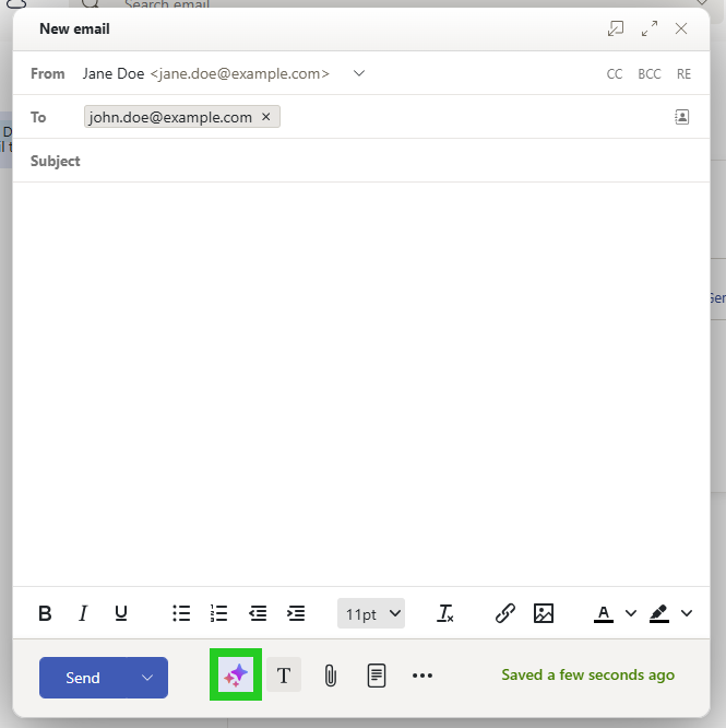 Screenshot: The New email window appears. The button with the three stars is highlighted.