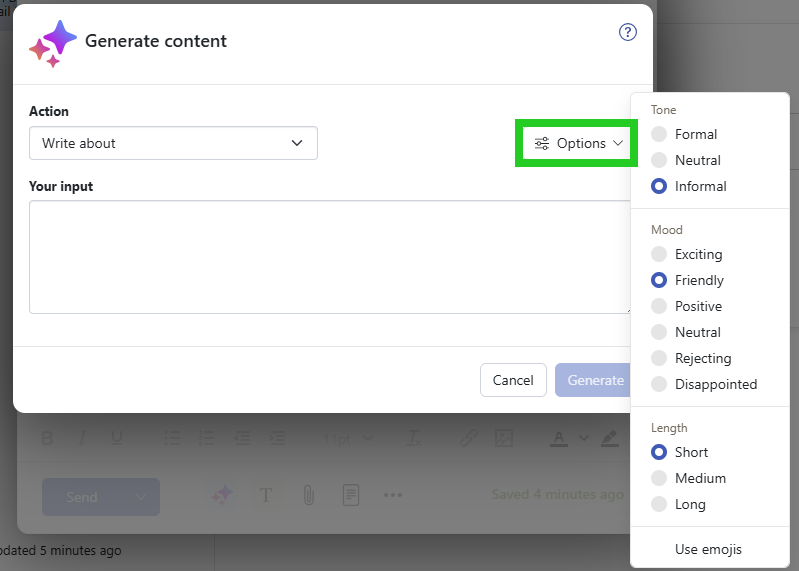 Screenshot: The Generate content window appears. The Options list is highlighted.