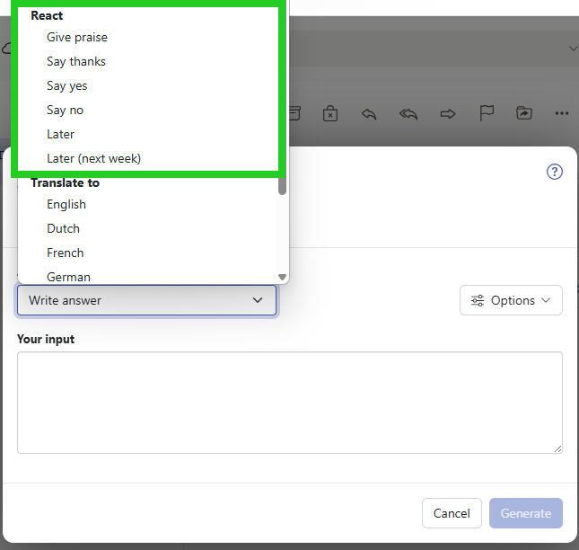 Screenshot: The Generate response window appears. In this window, the actions in the React section are highlighted in the Action list.