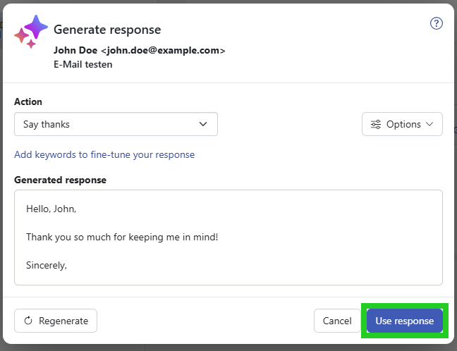 Screenshot: The Generate response window appears. The Use response button is highlighted.