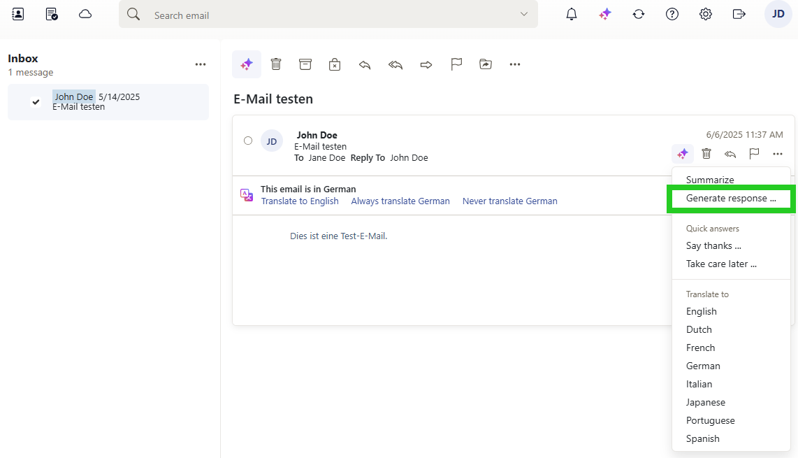 Screenshot: The Generate response button is highlighted in the Webmail email toolbar.