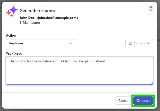Screenshot: The Generate content window appears. The Generate button is highlighted.