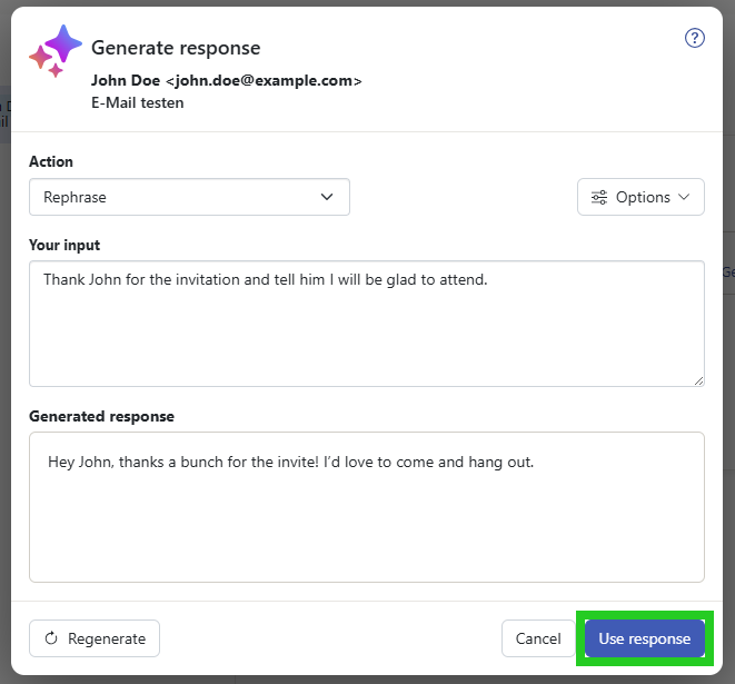 Screenshot: The Generate response window appears. The Use response button is highlighted.